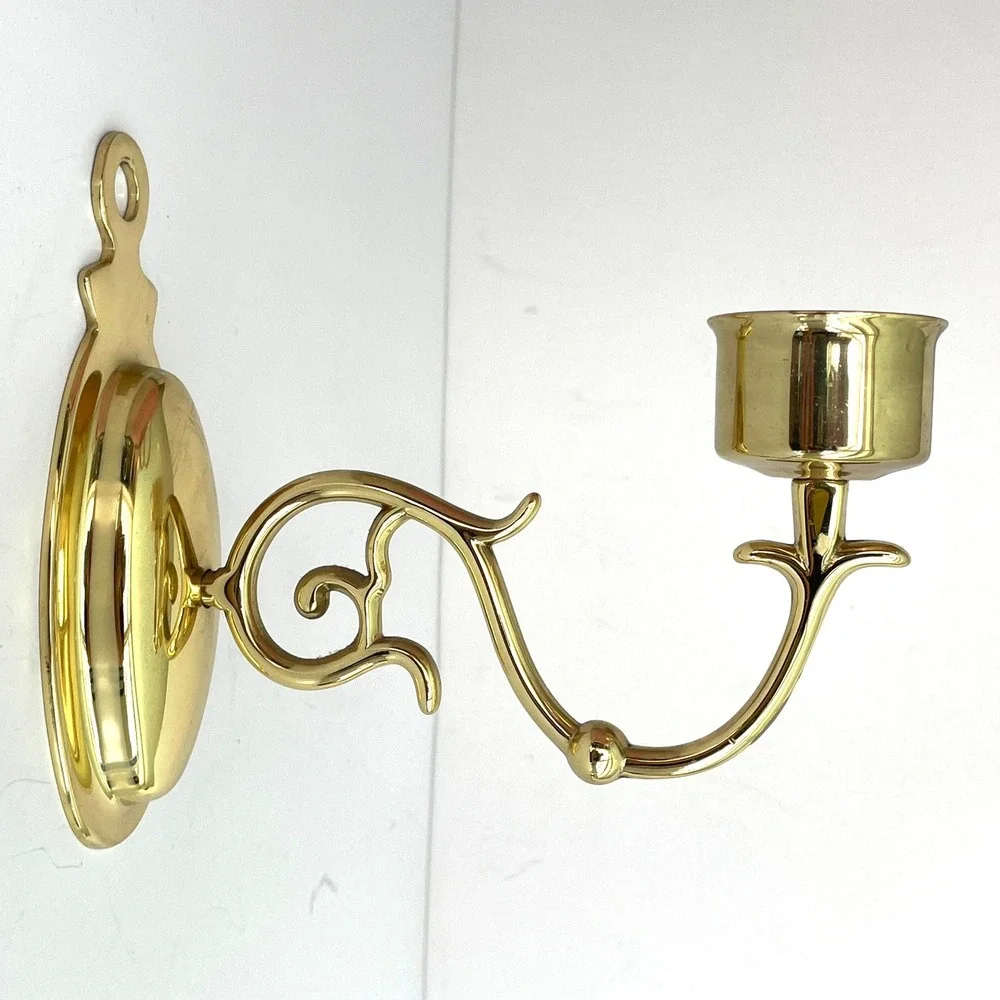 Vintage Polished Brass Wall Sconce Candle Holder Scroll Arm Oval Backplate Gold
